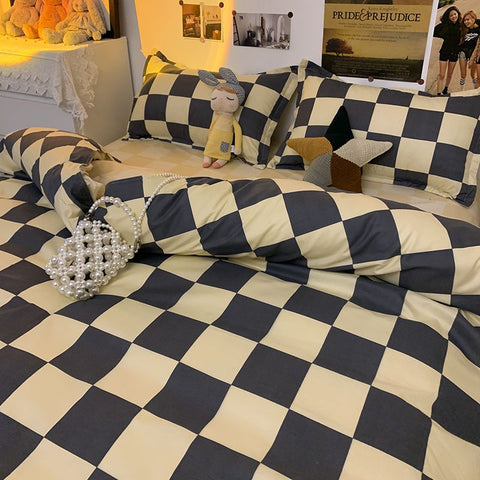 Sonicelife Fashion Bedding Set Hot Checkerboard Boys Girls Single Double Queen Size Flat Sheet Quilt Duvet Cover Pillowcase Bed Linens