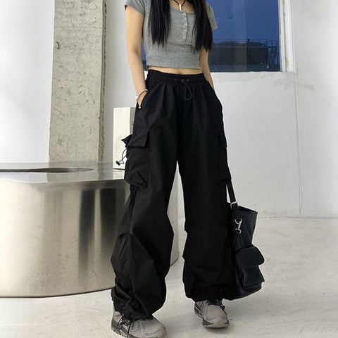 Sonicelife Hip Hop Women Cargo Pants Streetwear All Match Y2K Wide Leg Pants Korean Elastic Waist Sweatpants Female Chic Trousers