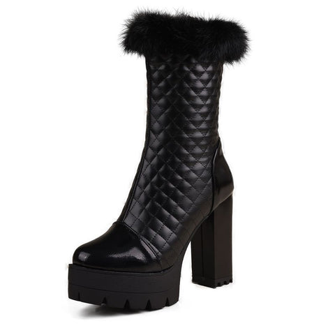 thanksgiving outfit Sonicelife Women Knight Boots Round Toe Block Heels 11cm Platform Hill Fur Mid Calf Bota Size 47 48