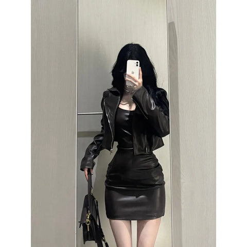 thanksgiving outfit Sonicelife 2024 Autumn New Women's Cropped Leather Jacket Tank Dress Slimming Bodycon Skirt Trendy Fashionable Female Dress Set