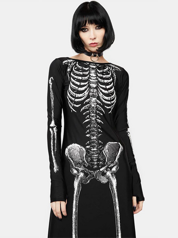 Sonicelife Halloween Dark Gothic Dress Women Streetwear Punk Y2k Skull Printed Long Sleeve O-neck Split Midi Dress Cosplay Clubwear