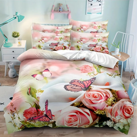 Sonicelife 3pcs Duvet Cover Set, Rose Flower Butterfly Printed Bedding Set, Soft Comfortable Breathable Duvet Cover With Pillowcase