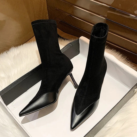 Sonicelife Socks Boots Women Stretch Fabric Elastic Stilettos Heel Sexy Pointed Toe Ankle Boots Slip-On Shoes Woman Thin Heels Party Boots
