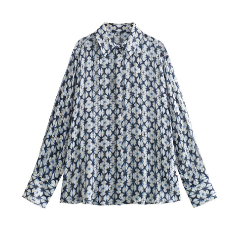 Sonicelife Women's Printed Shirt with Metal Thread Decoration, Casual and Versatile, Long Sleeved, Single Breasted Top, New