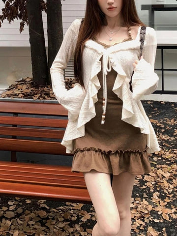 Sonicelife 2025 New Elegant Y2k Two Piece Sets American Retro Slim Fit Camisole Dress for Women+ Ruffles Long Sleeve Knitted Cardigan Chic