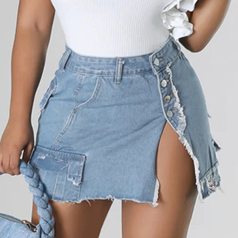 Sonicelife Fashion High Split Button Denim Skirts Women Denim Blue Multi Pockets Mini Skirts Streetwear Lady Fringe Bodycon Skirts Summer