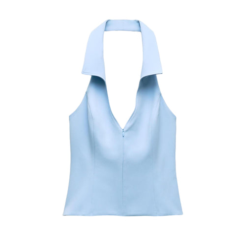 Sonicelife Women's Casual Versatile T-shirt Hanging Neck Top V-neck Zipper Design Fashion and Elegance New Style