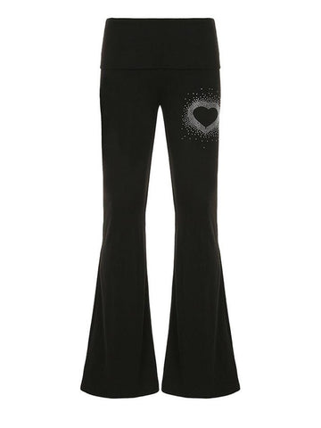 Sonicelife Y2K Heart Rhinestone Foldover Flared Pants