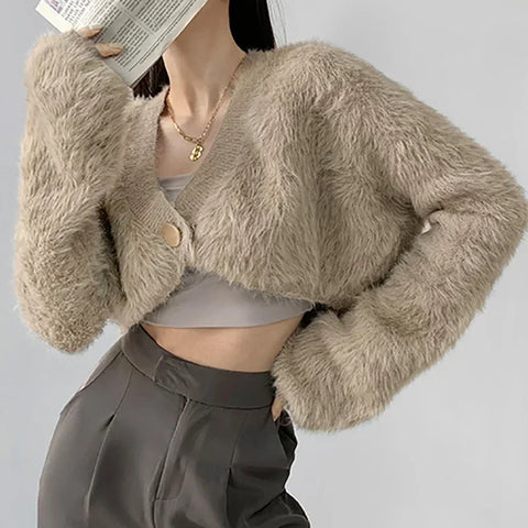 Sonicelife 2024 Autumn Winter Women Button Cropped Sweater Imitation Mink Hair V-Neck Long Sleeve Sweater Solid Cardigan Coat Women