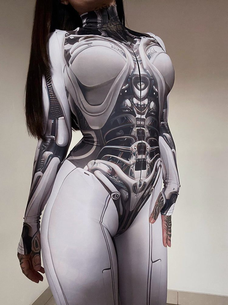 Sonicelife Cyberpunk Cosplay Bodycon Jumpsuit Women Streetwear Y2k Mall Gothic 3D Printed Long Sleeve Playsuits Emo Anime Clothes