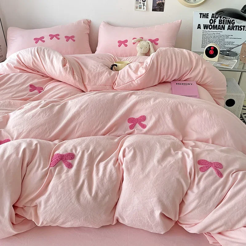 Sonicelife Ins Pink Bedding Set with Bow Embroidery Korean Soft Duvet Cover Flat Sheet Pillowcases Girls Gift Fashion Comforter Cover Set