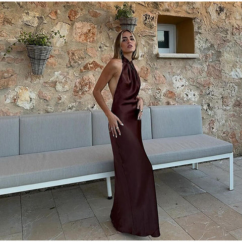 Sonicelife Elegant Satin Hang Neck Lace Up Dress Women Sexy Sleeveless Backless Female Maxi Dresses 2024 Spring Summer Lady Party Robe New