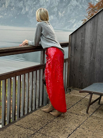 Sonicelife Fashion Red Sequins Skirt For Women Solid Long High Waist Skirt 2025 New Year Christmas Lady Street New Dress