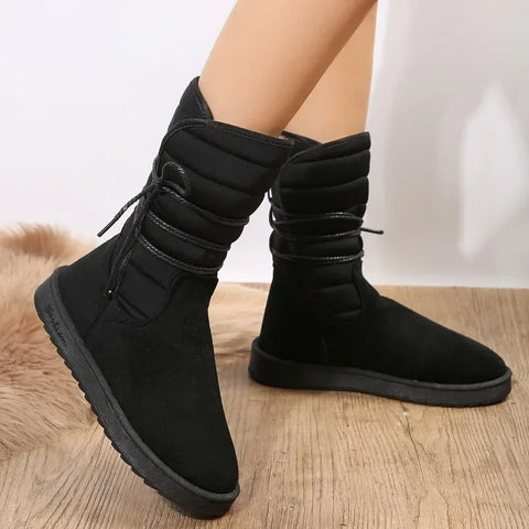 Sonicelife 2025 Platform Mid-calf Boots Womens Winter Warm Plush Suede Snow Boots Waterproof Designer Flats Lace Up  Cotton Shoe Boots