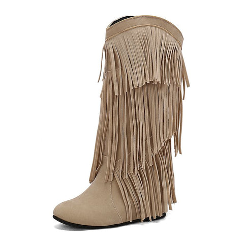 thanksgiving outfit Sonicelife Women Mid Calf Boots Round Toe Increased Heel Fringe Flock Suede 46 47 48 Slip On Fashion Dating Bota