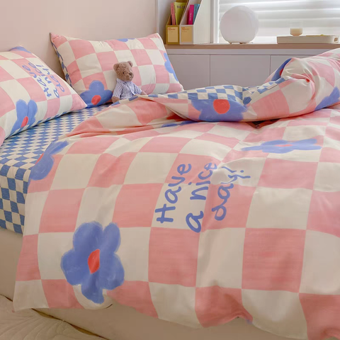 Sonicelife Pink Blue Duvet Cover Set with Flat Sheet Pillowcases No Filler Checkerboard Flower Ins Single Full Queen Size Girls Bedding Kit