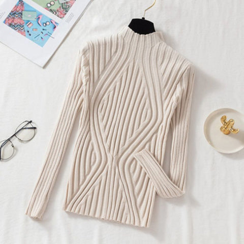 Black Friday Sonicelife Pit Stripe Knit Sweater Women Korean Fall Winter Fashion Slim Elegant Solid Half High Collar Long Sleeve Pullover Basic Chic Top