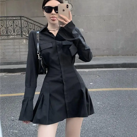 Sonicelife Black Shirt Dress Women Elegant Vintage Long Sleeve Pleated Dress Sexy Gothic Y2k Turn Down Collar Casual Mini Vestidos