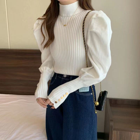 Sonicelife Fashion Puff Sleeve Sweaters Women Sweet Long Sleeve Korean Knitted Pullovers Casual Mock Neck Female Fall Apricot Jumpers