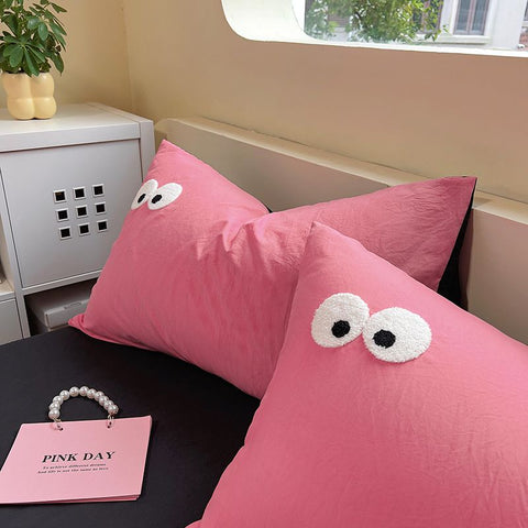 Sonicelife Pink Big Eye Embroidery Bedding Sets Ins Korean Style Washing Cotton Cute Duvet Cover Bed Sheet Set Pillowcases 3/4pcs