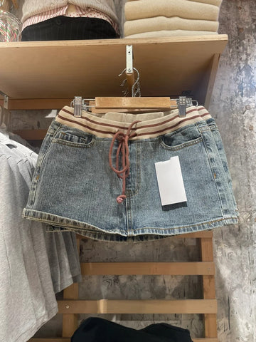 Sonicelife Vintage Denim Mini Cargo Skirts Women New Casual Slim Sexy Low Rise Drawstring Skirt American Retro Sweet Preppy Style Y2K Falda