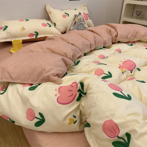 Sonicelife Cute Rabbit Bedding Set Flat Sheet Duvet Cover Pillowcases Single Double Queen Size Bed Linen Boys Girls Home Textile