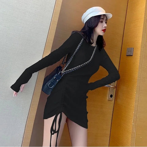 Black Friday Sonicelife Drawstring Knit Dress Women Korean Sexy High Street O-Neck Long Sleeve Stretch Skinny Fashion Fall Winter Sweater Lady Dress