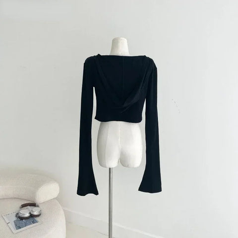 Sonicelife Gothic Black Tshirts for Women Y2k Crop Tops Shirts 2025 Summer Hooded Long Sleeve Tees Korean Fashion Casual Sexy T Shirt New