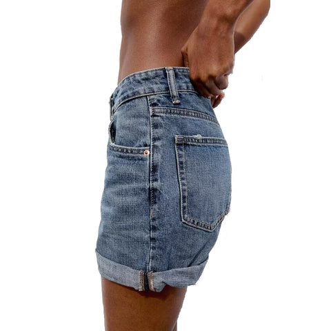 Sonicelife Women's new denim shorts, loose and comfortable, versatile high waisted straight leg curled edge shorts