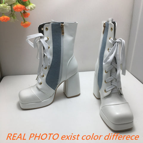 thanksgiving outfit Sonicelife Mixed Color Women Ankle Boots Toe Chunky Heels Platform Hill Lace Up Splice Size 46 47 Fashion Bota