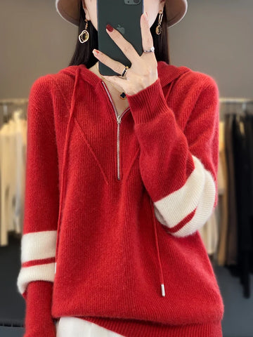 christmas outfit Sonicelife Autumn Winter Women Hoodie Collar Sweater Merino Wool Half Zipper Casual Thick Pullover Cashmere Knitted Coat Fashion Tops