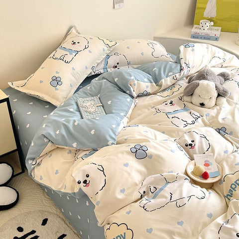 Sonicelife Cute Dog Bedding Set No Filler Ins Cream Blue Duvet Cover Flat Sheet Pillowcase Kids Adults Fashion Soft Comforter Cover