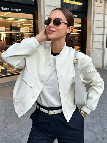 Sonicelife Women Fashion With Pockets Bomber Jacket Coats Vintage Long Sleeve Front Button Casual Female Outerwear Chic Tops