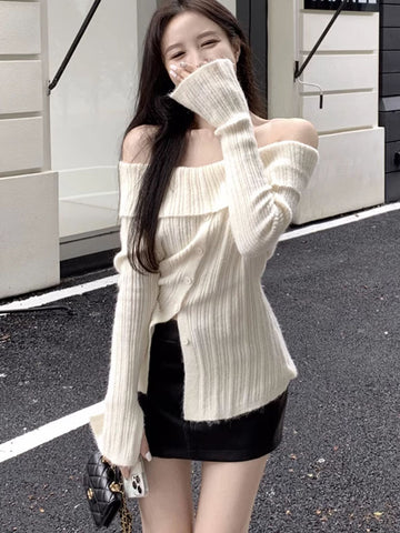 Sonicelife Chic Slash Neck Sweaters Women Sexy Off Shoulder Elegant Knitted Pullovers Korean Long Sleeve Sweet Female Fashion Jumpers