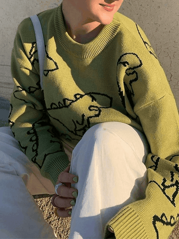 Back To School Sonicelife Dinosaur Crew Knit Sweater