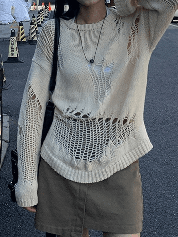 Back To School Sonicelife Distressed Crochet Knit Sweater