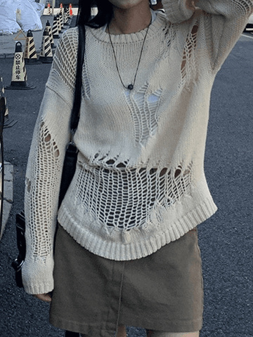 Back To School Sonicelife Distressed Crochet Knit Sweater