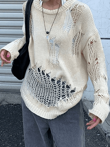 Back To School Sonicelife Distressed Crochet Knit Sweater
