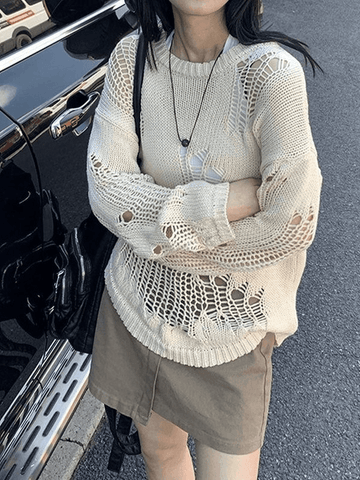 Back To School Sonicelife Distressed Crochet Knit Sweater