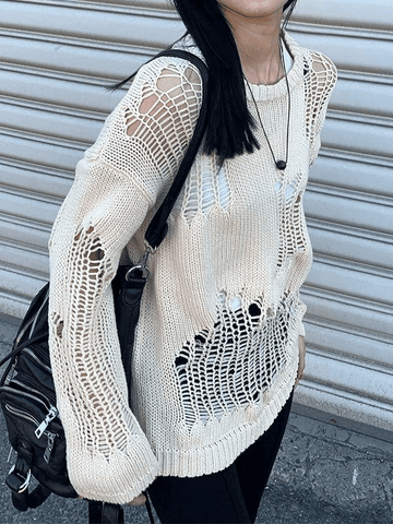 Back To School Sonicelife Distressed Crochet Knit Sweater