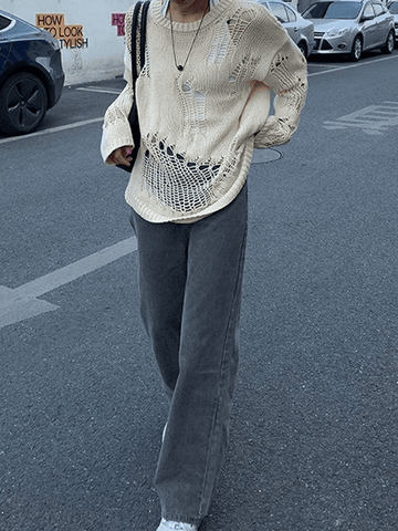 Back To School Sonicelife Distressed Crochet Knit Sweater