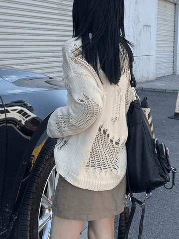 Back To School Sonicelife Distressed Crochet Knit Sweater