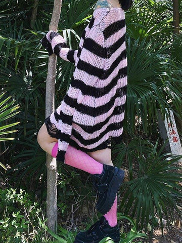 Back To School Sonicelife Distressed Stripe Longline Sweater