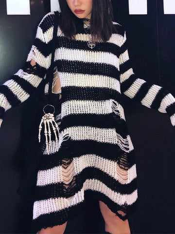 Back To School Sonicelife Distressed Stripe Longline Sweater