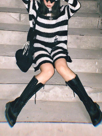 Back To School Sonicelife Distressed Stripe Longline Sweater