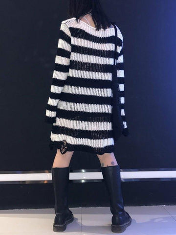 Back To School Sonicelife Distressed Stripe Longline Sweater