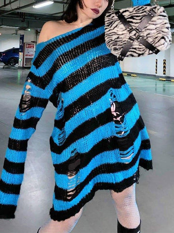 Back To School Sonicelife Distressed Stripe Longline Sweater