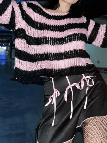 Back To School Sonicelife Distressed Striped Crop Sweater