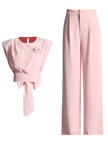 Sonicelife Back Bow Tie Top and Wide Leg Trousers Set