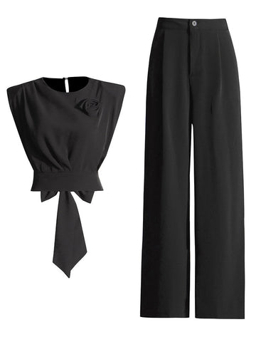 Sonicelife Back Bow Tie Top and Wide Leg Trousers Set